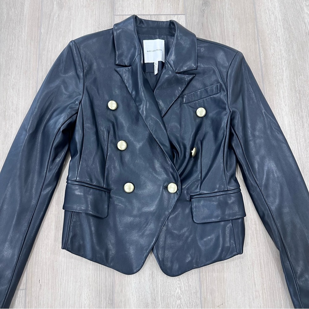 Avec Les Filles faux leather motorcycle jacket blazer black gold button XS - Picture 3 of 9